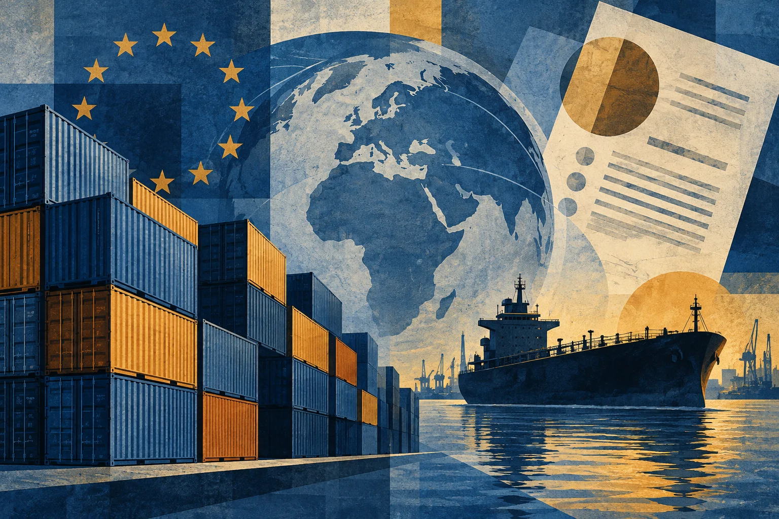Editorial illustration of a tanker, shipping containers and documents representing trade restrictions.