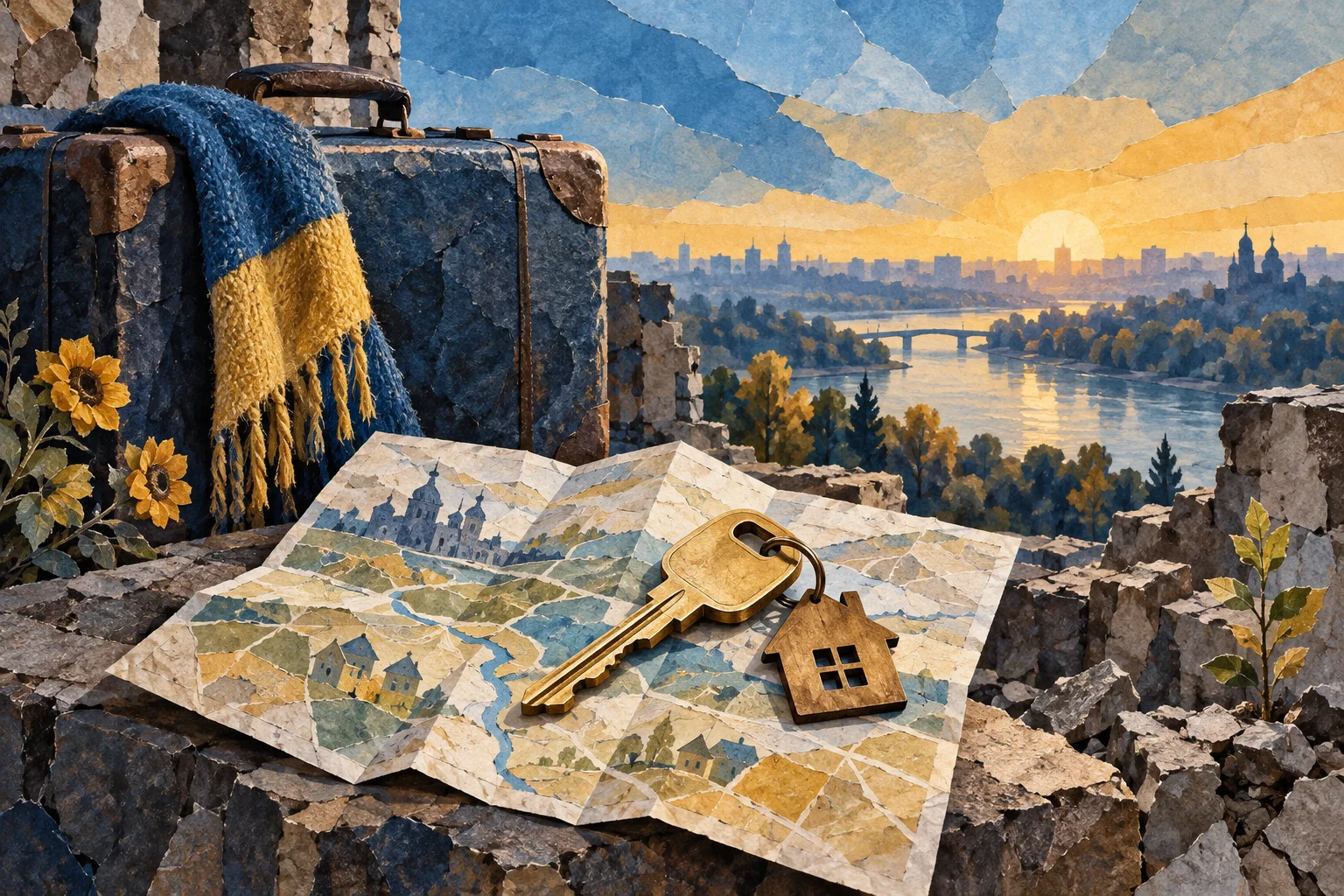 Conceptual illustration of a house key, map and suitcase representing displacement and return.