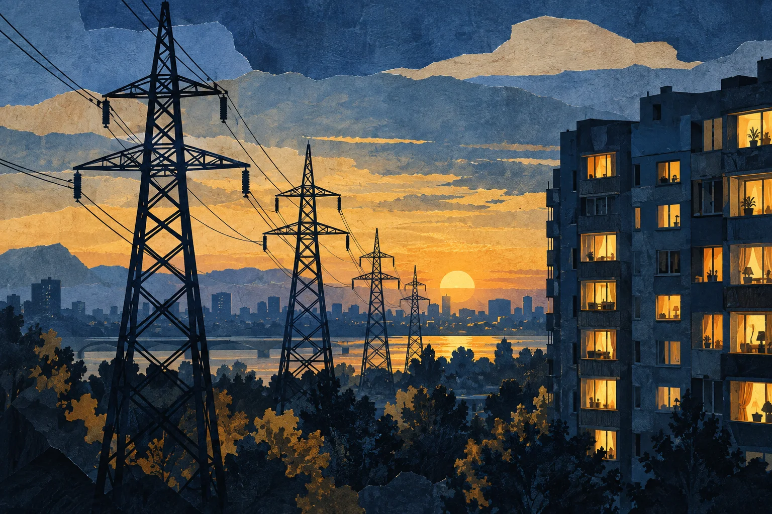 Editorial illustration of electricity pylons and illuminated homes at dusk.